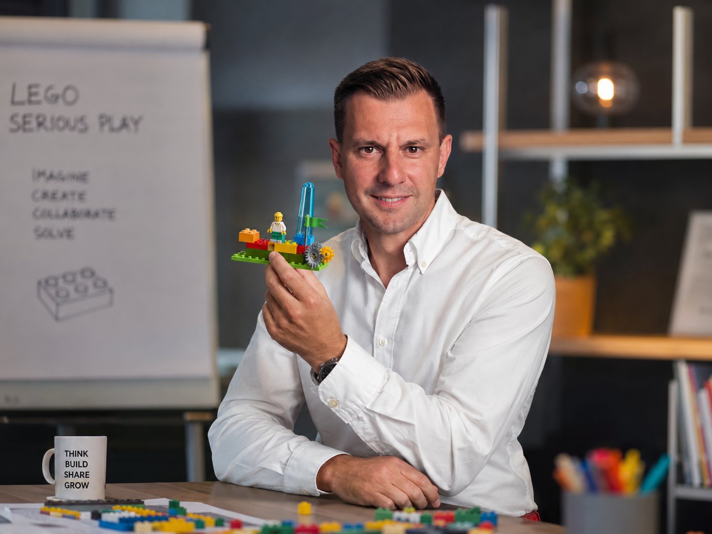 Marcin Izak, facylitator LEGO SERIOUS PLAY, z modelem zbudowanym z klocków